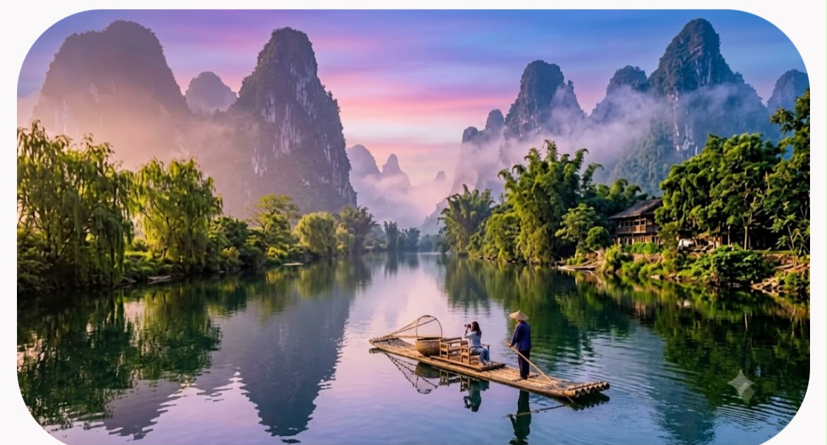 A bamboo raft drifting on a calm river, surrounded by green foliage and misty karst mountains at sunset